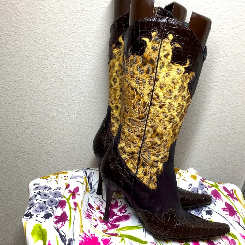 Donald J. Pliner 8 Calf Hair Leopard Print Leather Cowboy Western Boots Croc